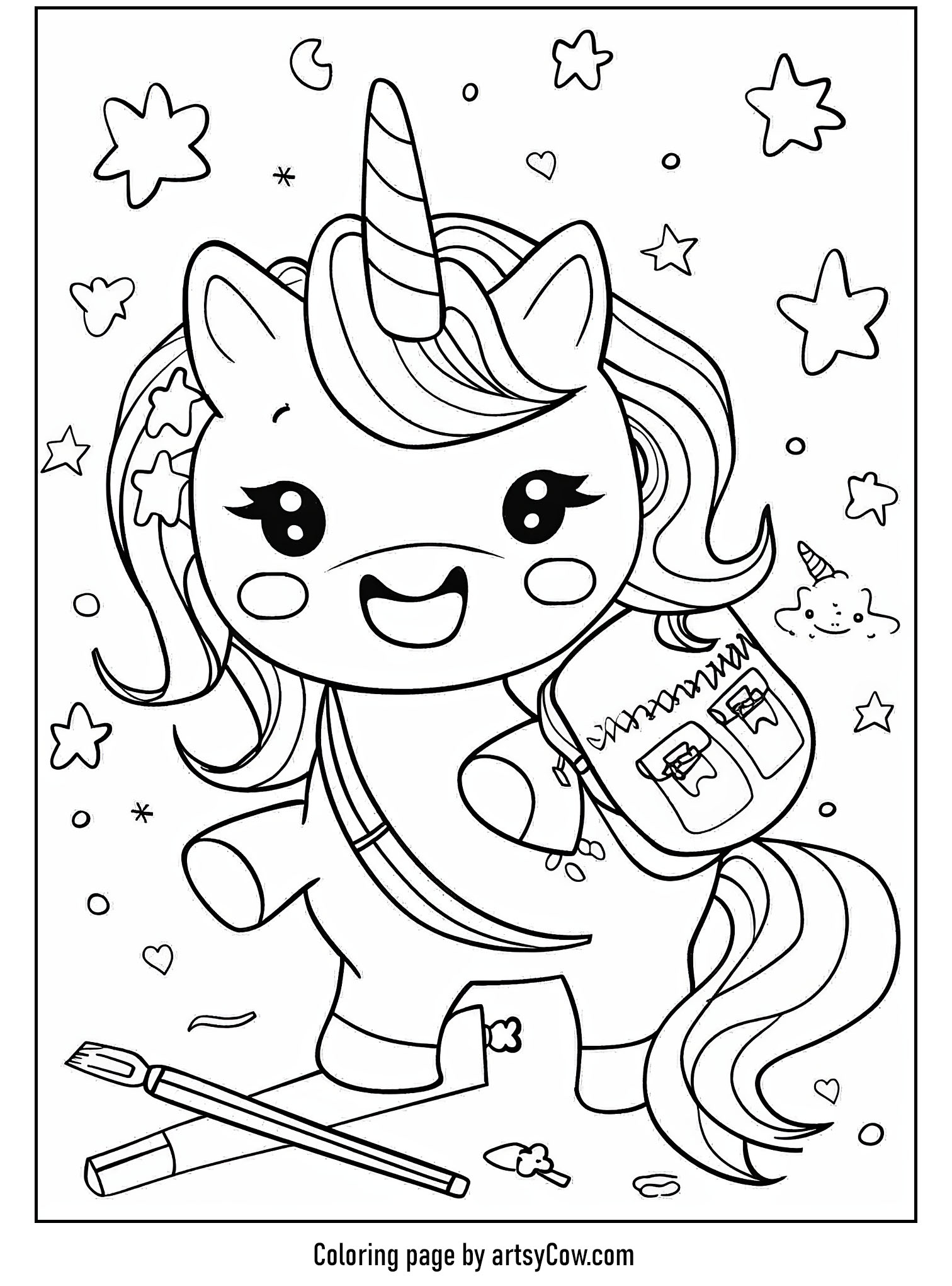 a unicorn wearing a backpack surrounded by stars